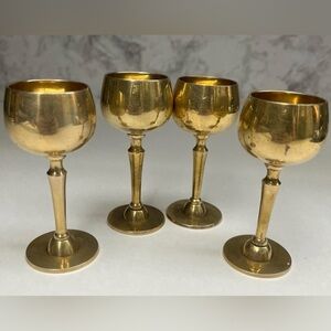 Vintage Solid Brass Wine Goblet Set of 4, Retro Barware